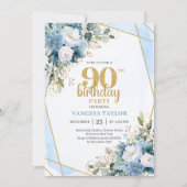 Watercolor Blue Flowers 90th Birthday Elegant  Kaart (Voorkant)