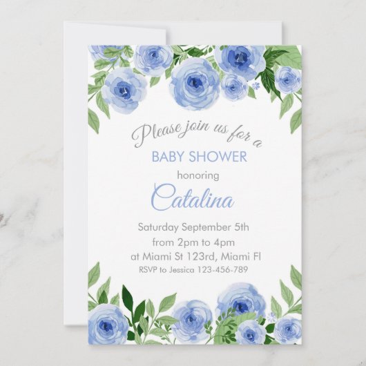 Watercolor Blue Flowers Baby Shower Invitation Kaart (Voorkant)