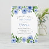 Watercolor Blue Flowers Baby Shower Invitation Kaart (Staand voorkant)