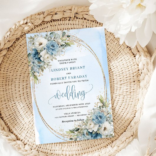 Watercolor Blue Flowers Eucalyptus Gold Wedding Kaart