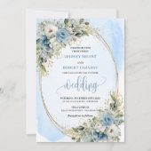 Watercolor Blue Flowers Eucalyptus Gold Wedding Kaart (Voorkant)