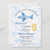 Watercolor Blue & Gold Airplane 5th Birthday Kaart (Voorkant)
