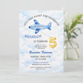 Watercolor Blue & Gold Airplane 5th Birthday Kaart (Staand voorkant)