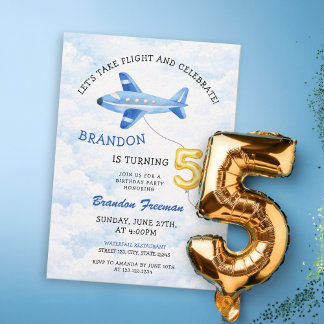 Watercolor Blue & Gold Airplane 5th Birthday Kaart