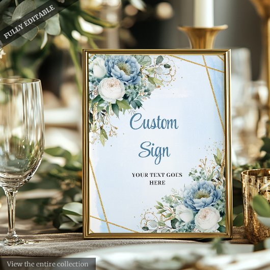 Watercolor Blue Gold Glitter Greenery Wedding Sign Poster