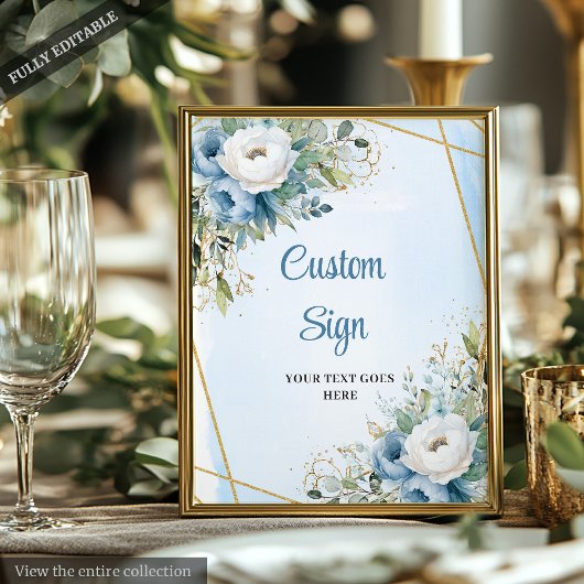 Watercolor Blue Gold Glitter Greenery Wedding Sign Poster