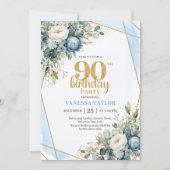 Watercolor Blue Gold Luxe 90th Birthday Invitation Kaart (Voorkant)