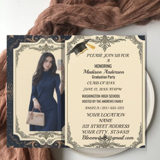 Watercolor Blue Gold Marble Agate Graduation Party Kaart