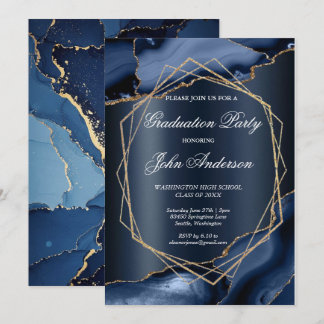 Watercolor Blue Gold Marble Graduation Party Kaart