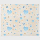 Watercolor Blue Hearts & Paw Prints Pattern Cadeaupapier (Vlak)