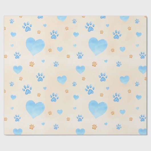 Watercolor Blue Hearts & Paw Prints Pattern Cadeaupapier (Vlak)