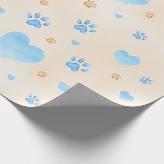 Watercolor Blue Hearts & Paw Prints Pattern Cadeaupapier (Hoek)