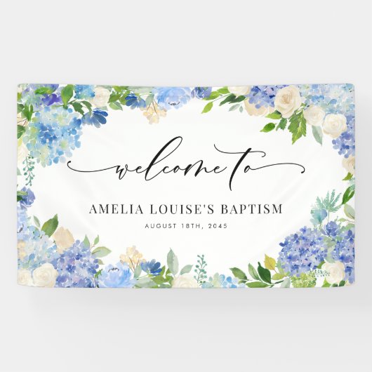 Watercolor Blue Hydrangea and Ivory Rose Baptism Spandoek (Horizontaal)