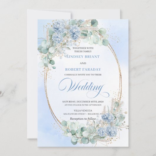 Watercolor Blue Hydrangea Botanical Wedding Invite Kaart (Voorkant)