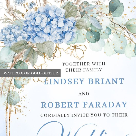 Watercolor Blue Hydrangea Botanical Wedding Invite Kaart