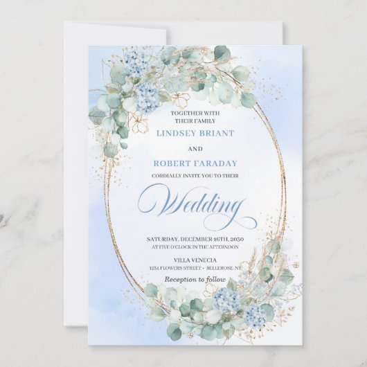 Watercolor Blue Hydrangea Wheat Wedding Invitation Kaart (Voorkant)