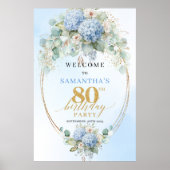 Watercolor Blue Hydrangeas 80th birthday welcome Poster (Voorkant)