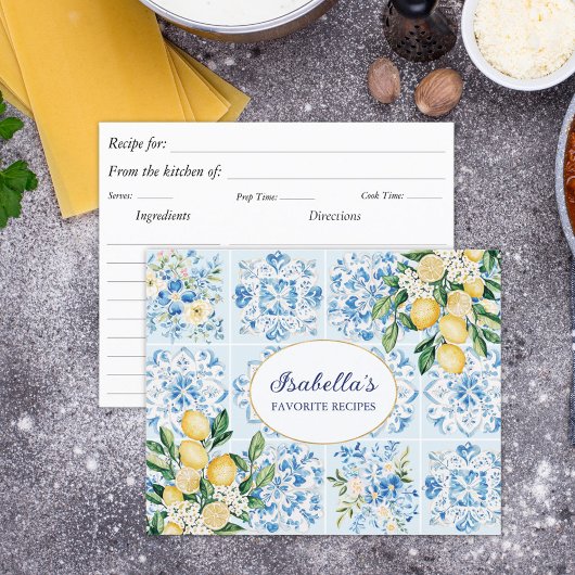 Watercolor Blue Italian Tile Lemon Recipe Card