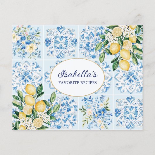 Watercolor Blue Italian Tile Lemon Recipe Card (Achterkant)