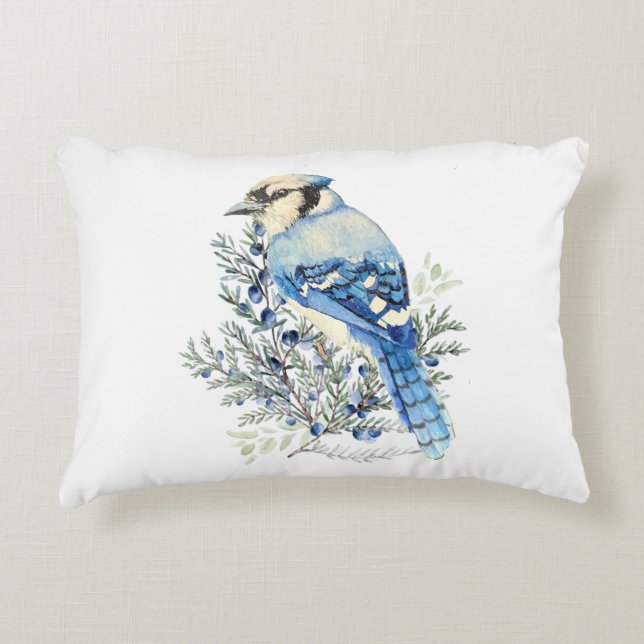 Watercolor Blue Jay Bird Blueberries Country Art Accent Kussen (Voorkant)