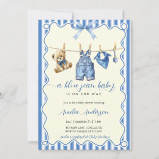 Watercolor Blue Jean Baby Teddy Bear Baby Shower Kaart