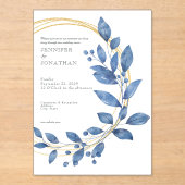 Watercolor Blue Leaves Gold Wedding Invitation Acryl Uitnodigingen (Voorkant)