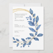 Watercolor Blue Leaves Gold Wedding Invitation Kaart (Voorkant)