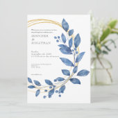 Watercolor Blue Leaves Gold Wedding Invitation Kaart (Staand voorkant)