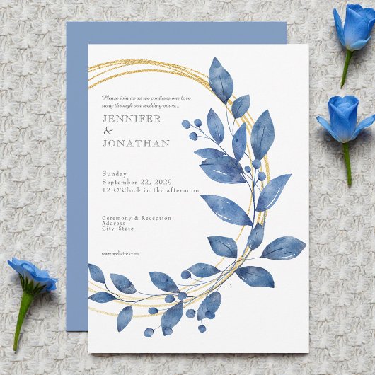 Watercolor Blue Leaves Gold Wedding Invitation Kaart