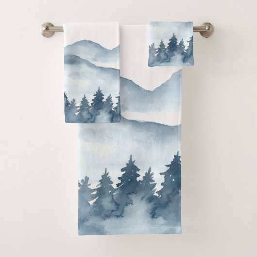 Watercolor Blue Mountains Trees Bad Handdoek (Insitu)