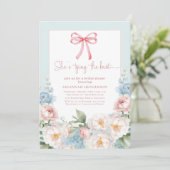 Watercolor Blue Pink Floral Bow Bridal Shower Kaart (Staand voorkant)