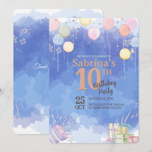 Watercolor Blue Sky Balloon Birthday Invitation Kaart (Voorkant / Achterkant)