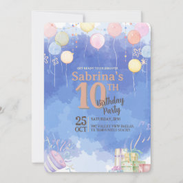 Watercolor Blue Sky Balloon Birthday Invitation Kaart
