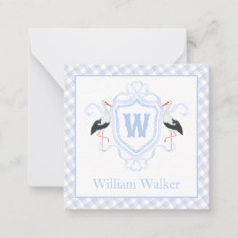 Watercolor Blue Stork Gingham Monogram Crest Notitiekaartje