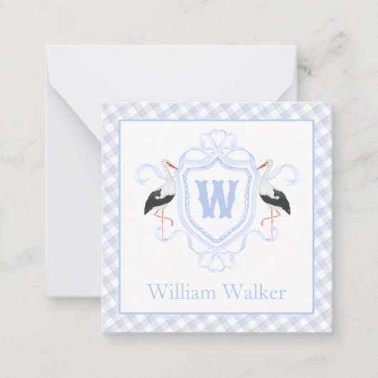 Watercolor Blue Stork Gingham Monogram Crest Notitiekaartje (Voorkant)