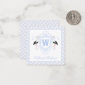 Watercolor Blue Stork Gingham Monogram Crest Notitiekaartje (Voorkant / Achterkant in situ)