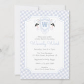 Watercolor Blue Stork Monogram Crest Baby Shower Kaart (Voorkant)