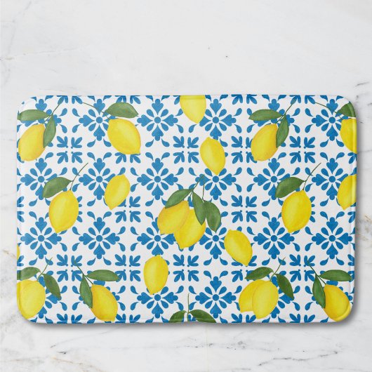 Watercolor Blue Tile Yellow Lemon Watercolor Badmat
