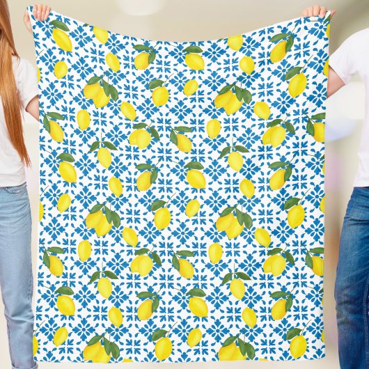 Watercolor Blue Tile Yellow Lemon Watercolor Fleece Deken