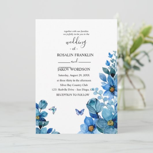 watercolor blue wedding Invitation Kaart (Staand voorkant)