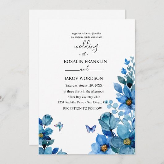 watercolor blue wedding Invitation Kaart (Voorkant / Achterkant)
