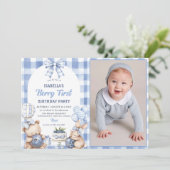 Watercolor Blueberry 1st Birthday Party Photo  Kaart (Staand voorkant)