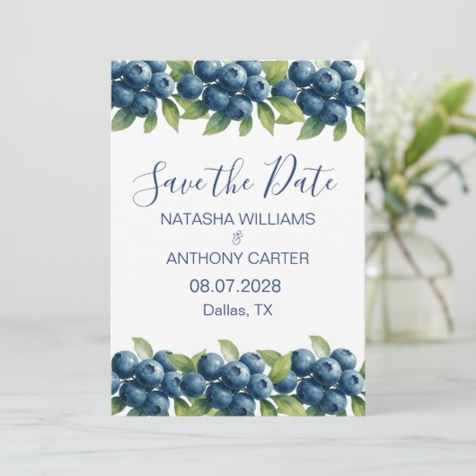 Watercolor Blueberry Wedding Save the Date Kaart (Staand voorkant)