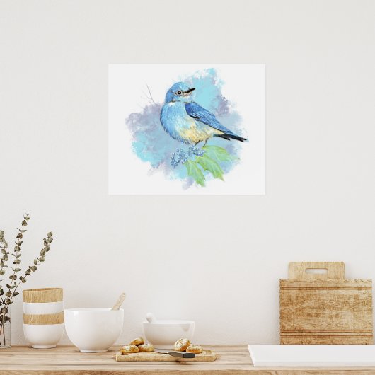 Watercolor Bluebird Pretty Blue Garden Bird Poster (Keuken)