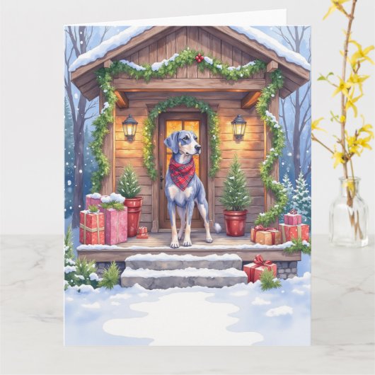 Watercolor Bluetick Coonhound Cabin Porch Christma Kaart (Gele Bloem)