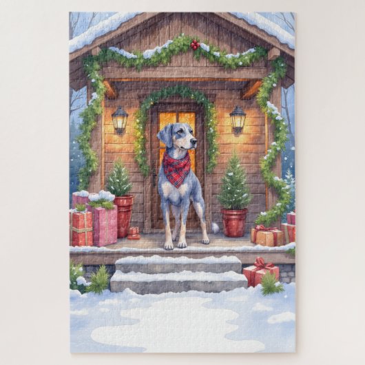 Watercolor Bluetick Coonhound Cabin Porch Christma Legpuzzel (Verticaal)
