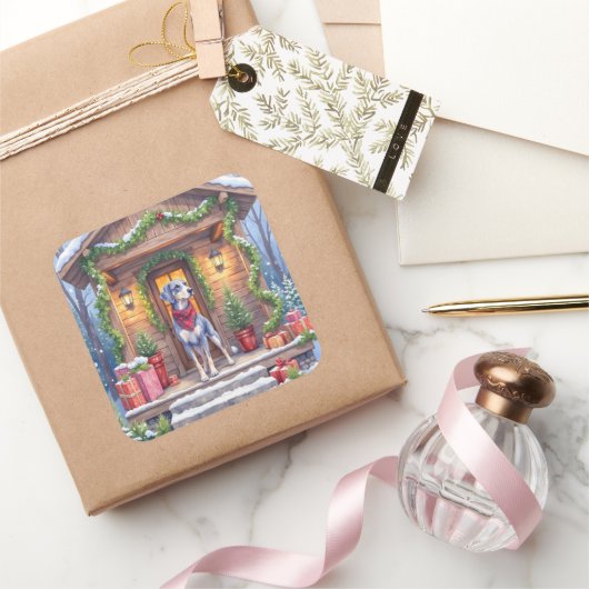 Watercolor Bluetick Coonhound Cabin Porch Christma Vierkante Sticker (Geschenken)