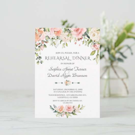 Watercolor Blush Cream Bloemen Oefendiner Kaart (Staand voorkant)