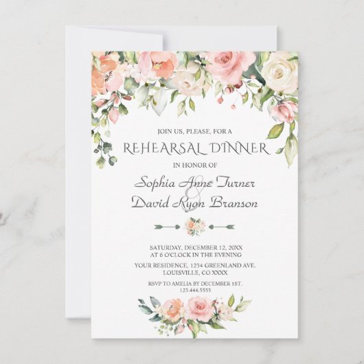 Watercolor Blush Cream Bloemen Oefendiner Kaart (Voorkant)
