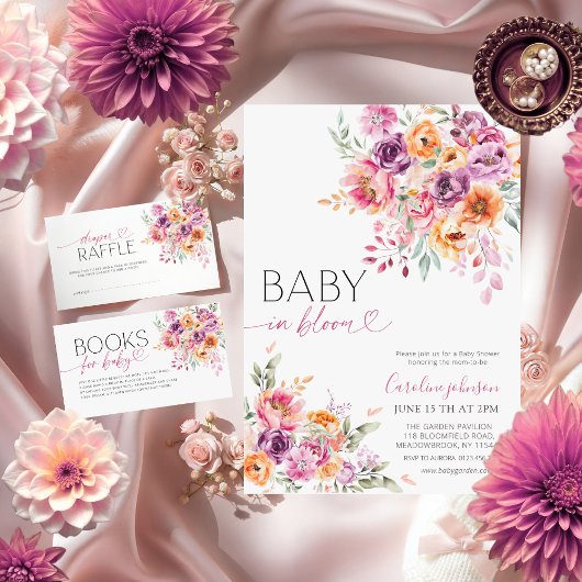 Watercolor Blush Pink Bloom Diaper Raffle  Informatiekaartje